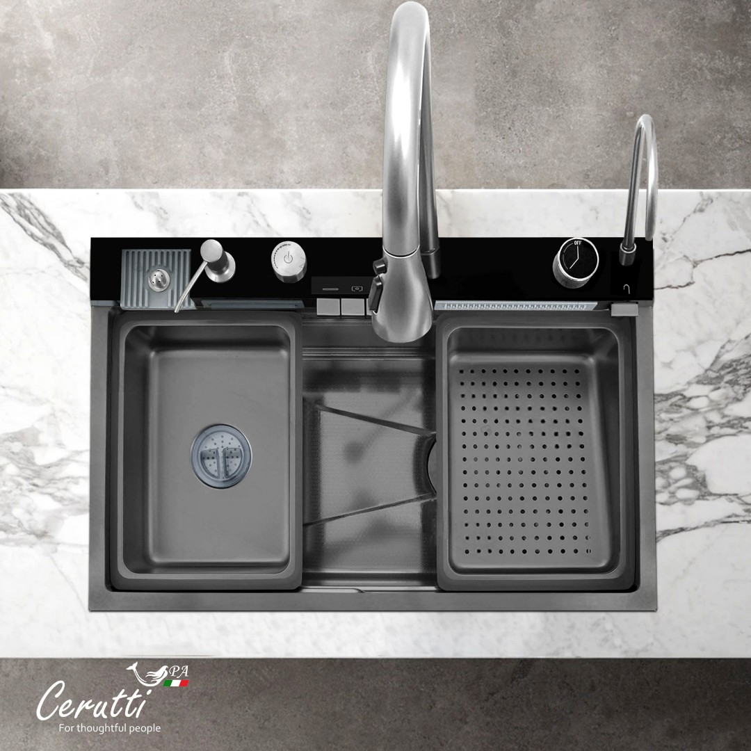 Многофункциональная кухонная мойка CeruttiSpa GLORIA II nano black (серая) из нержавеющей стали (750х460х230)