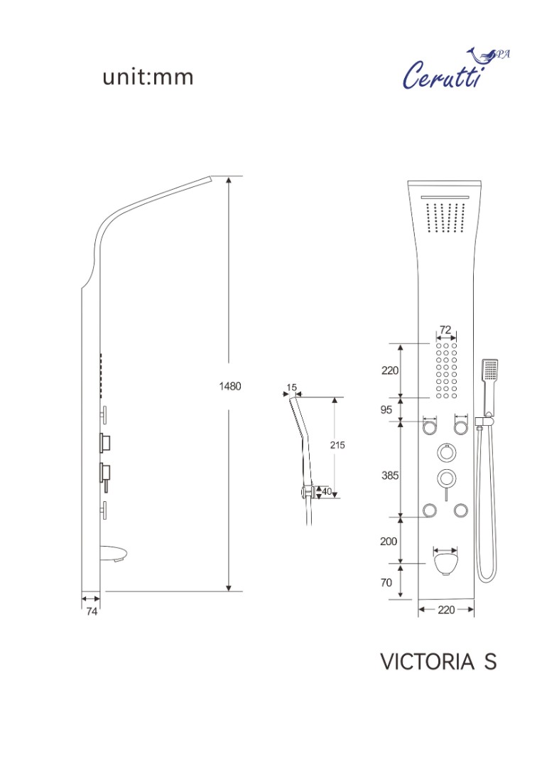 Душевая панель Ceruttispa VICTORIA S с гидромассажем, цвет серебро, 150х22 см