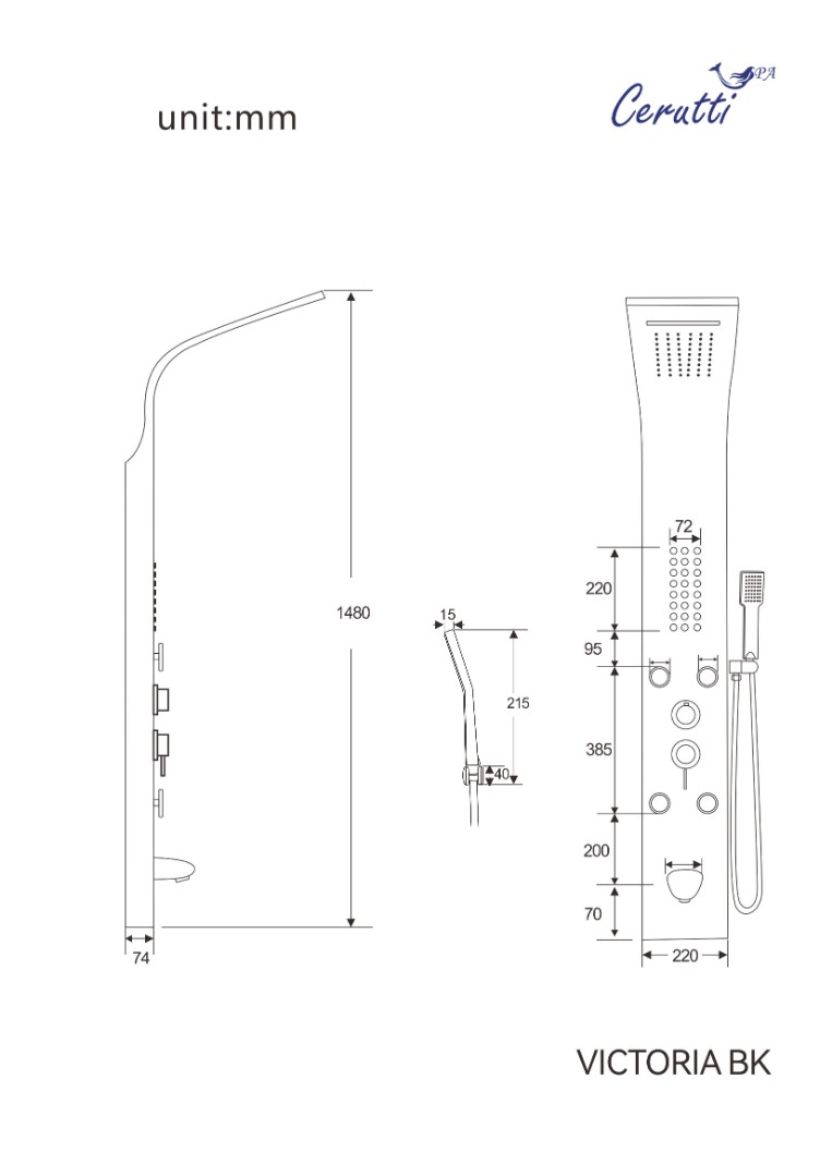 Душевая панель Ceruttispa VICTORIA BK с гидромассажем, цвет черный, 150х22 см