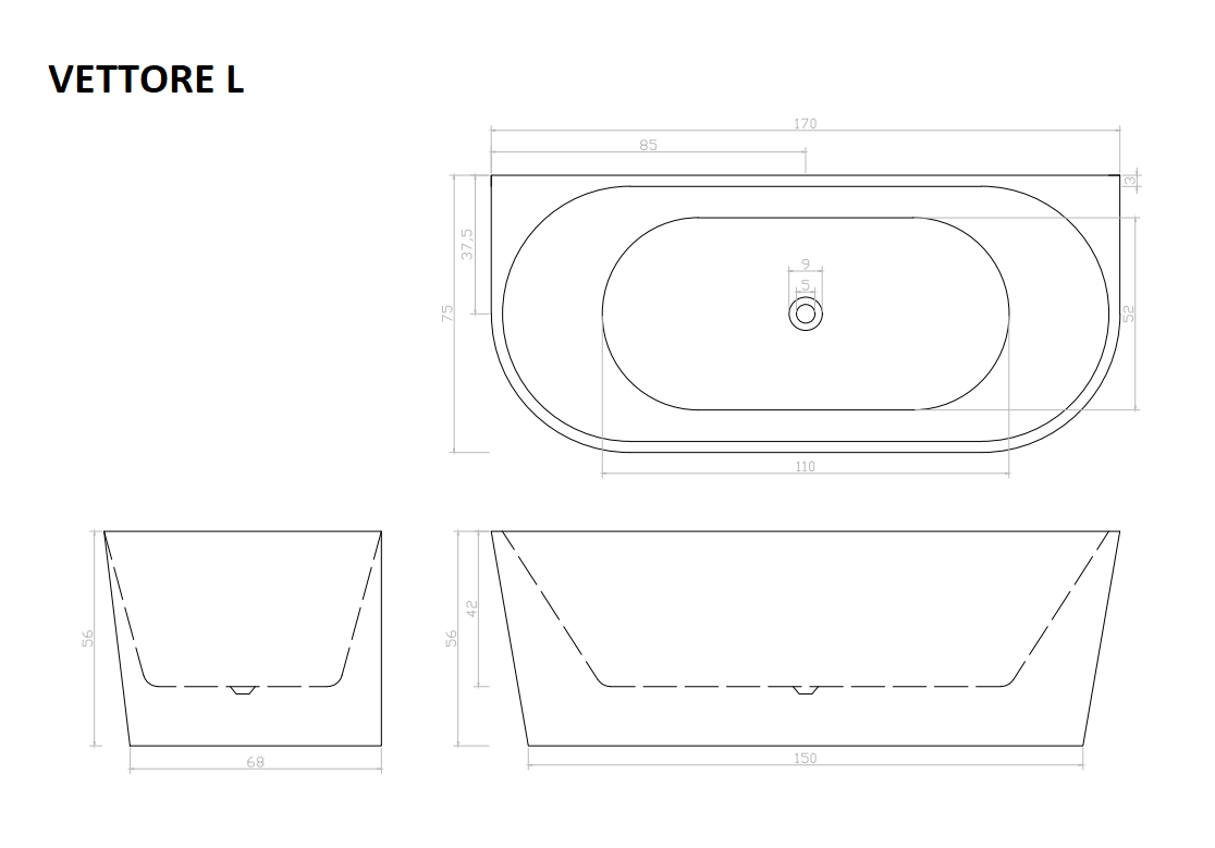 Приставная акриловая ванна Cerutti Spa VETTORE W (9345) без гидромассажа