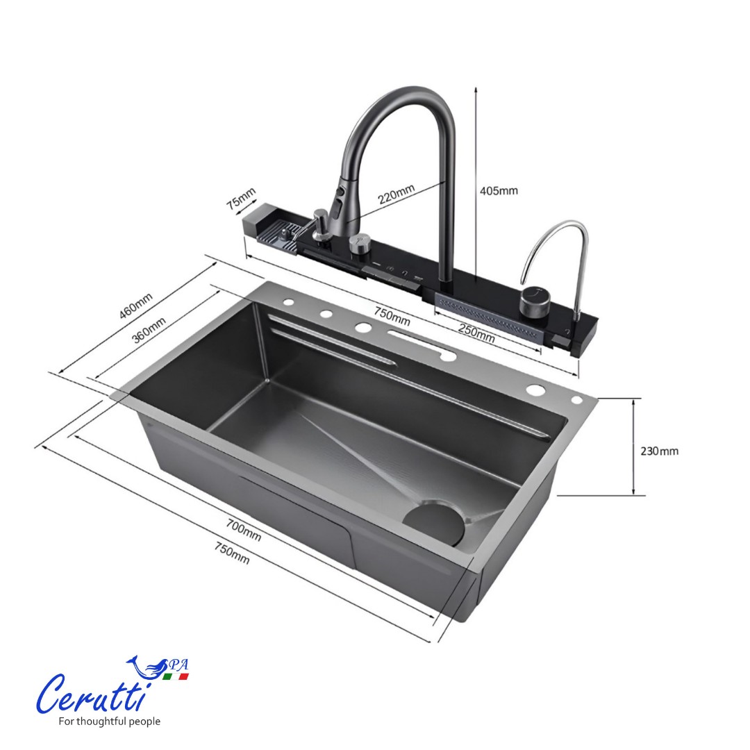 Многофункциональная кухонная мойка CeruttiSpa GLORIA Pro nano black (графит) (750х460х230)