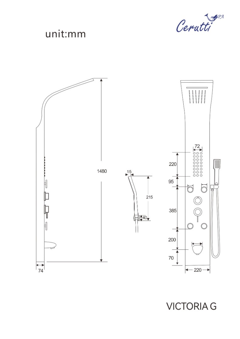 Душевая панель Ceruttispa VICTORIA G с гидромассажем, цвет золото, 150х22 см