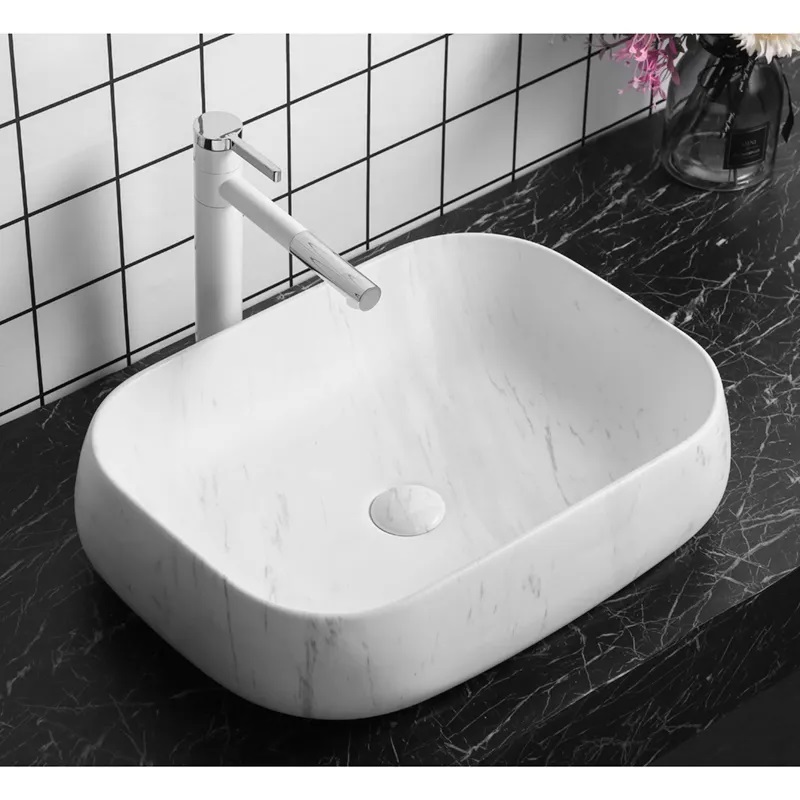 Раковина накладная Ceruttispa CR0086 MMW1 прямоугольная, под белый мрамор, 56,5х40х14,5 см