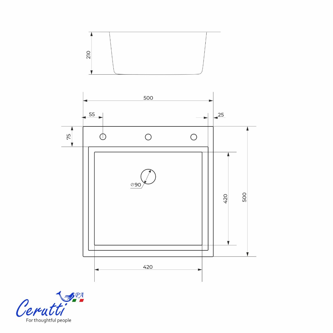 Мойка кухонная GLORIA50B nano black (графит) из нержавеющей стали, 50х50х22 см