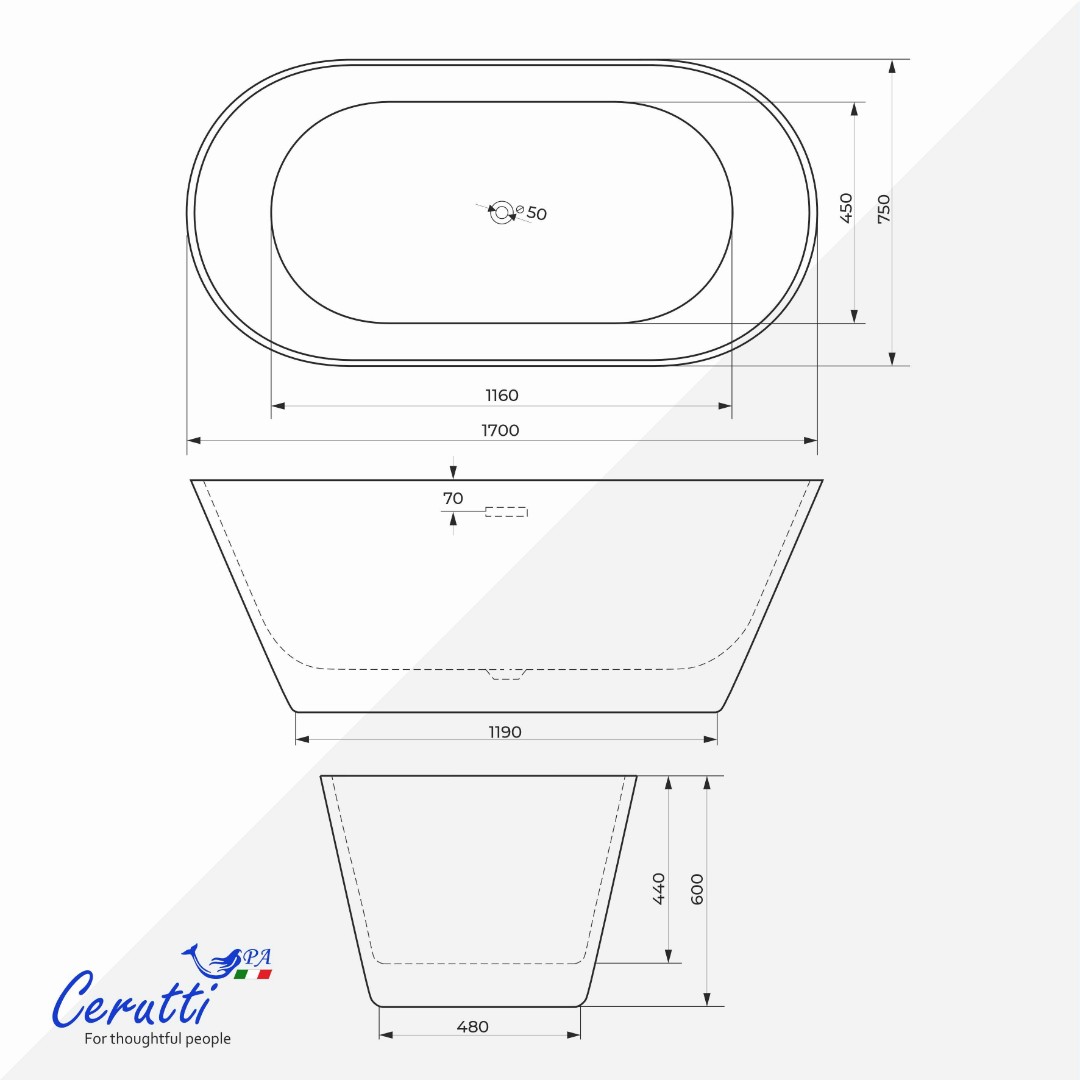 Отдельностоящая акриловая ванна Cerutti SPA TONIA170 без гидромассажа 170х75х60