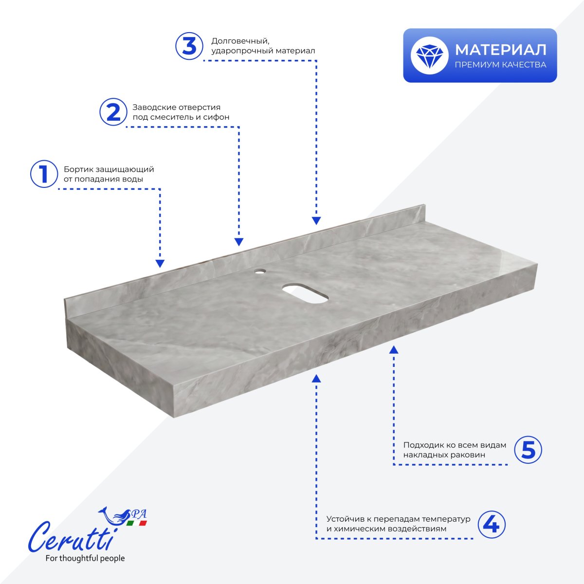 Столешница Ceruttispa МИМИ (MiMi) 80GM цвет серый мрамор с черными полотенцедержателями