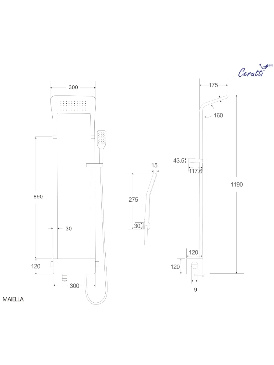 Душевая панель Cerutti SPA MAIELLA W CT8984, с полкой, цвет белый, 130х35 см