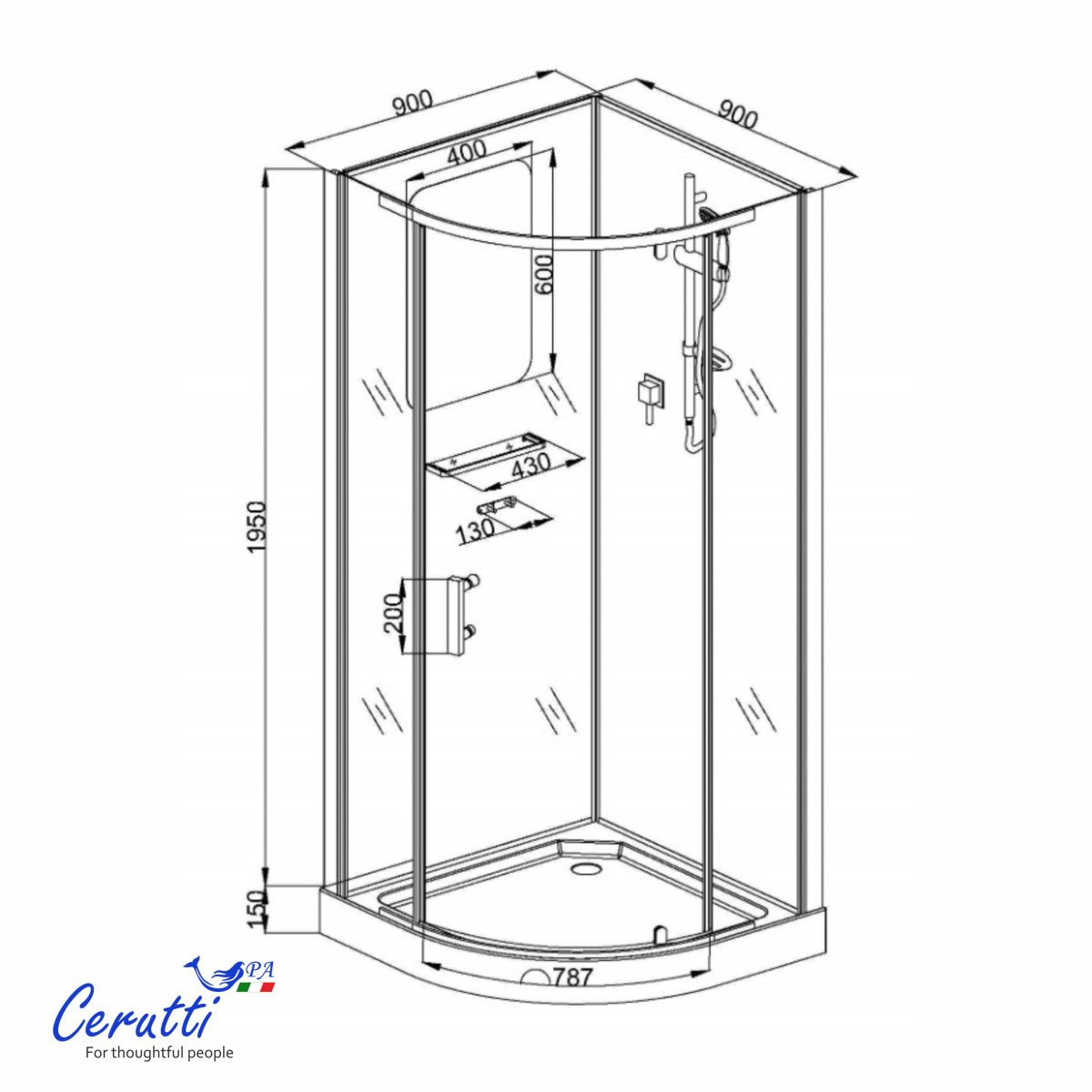 Душевая кабина Cerutti SPA  KORRA 90BF (90x90x205) угловая, без крыши, матовое стекло, черный профиль, 12018