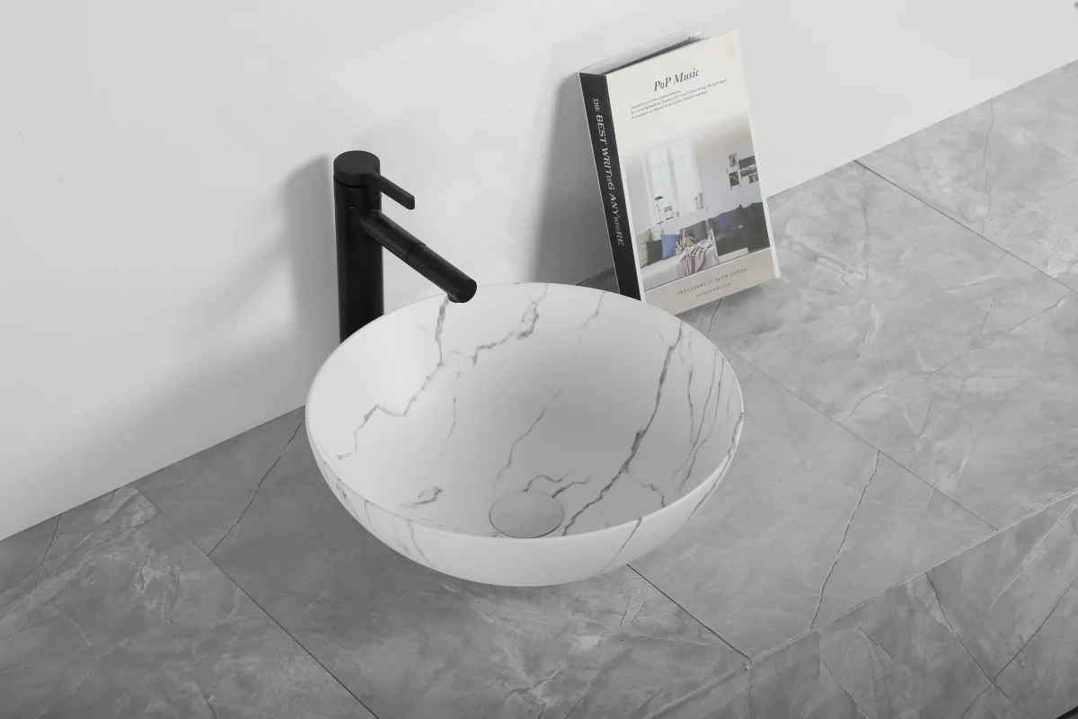 Раковина накладная Ceruttispa CR3301MWM2 круглая, белая под мрамор, 40х40х14 см