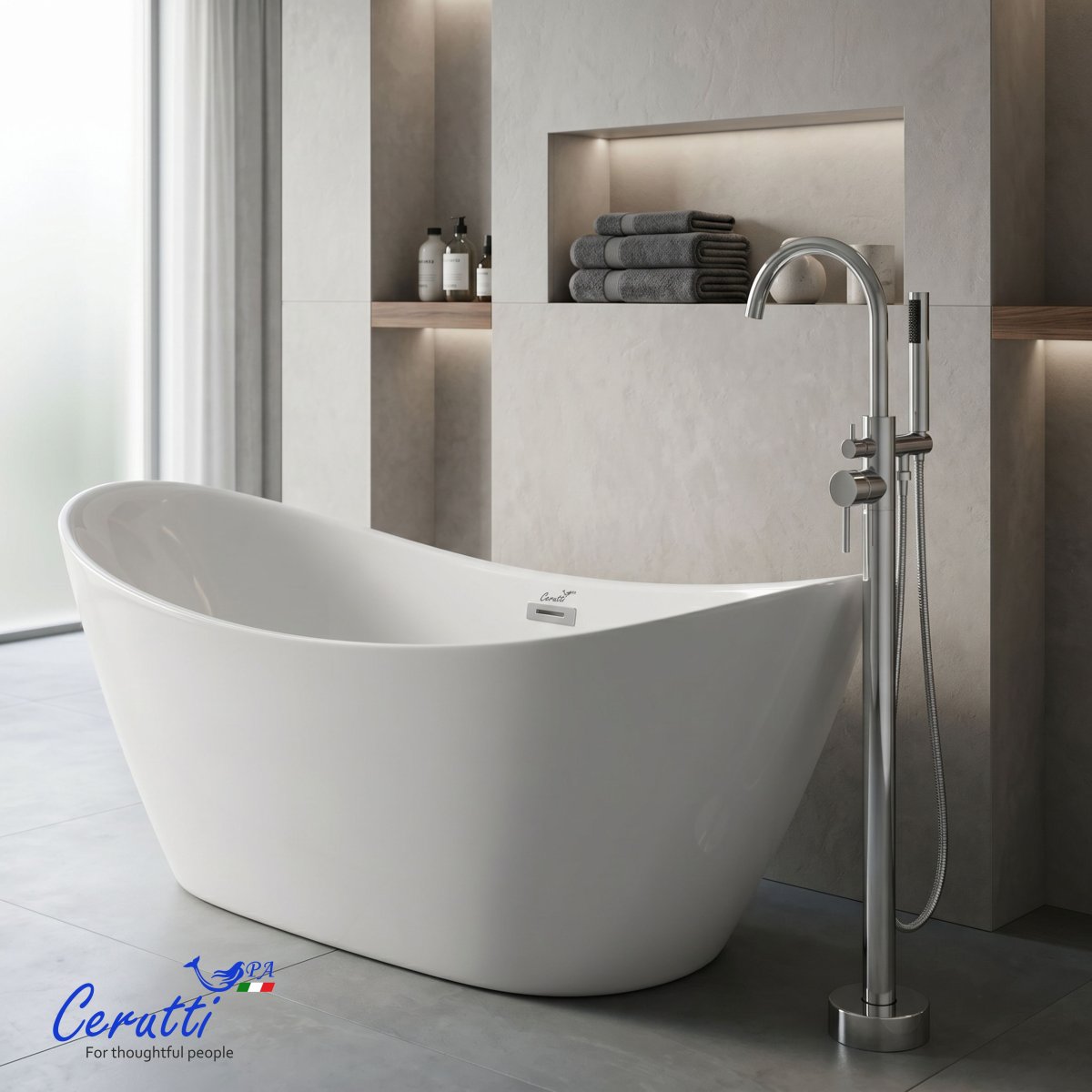 Отдельностоящая акриловая ванна Cerutti Spa НЕМИ (NEMI) PRO170II со сливом-переливом