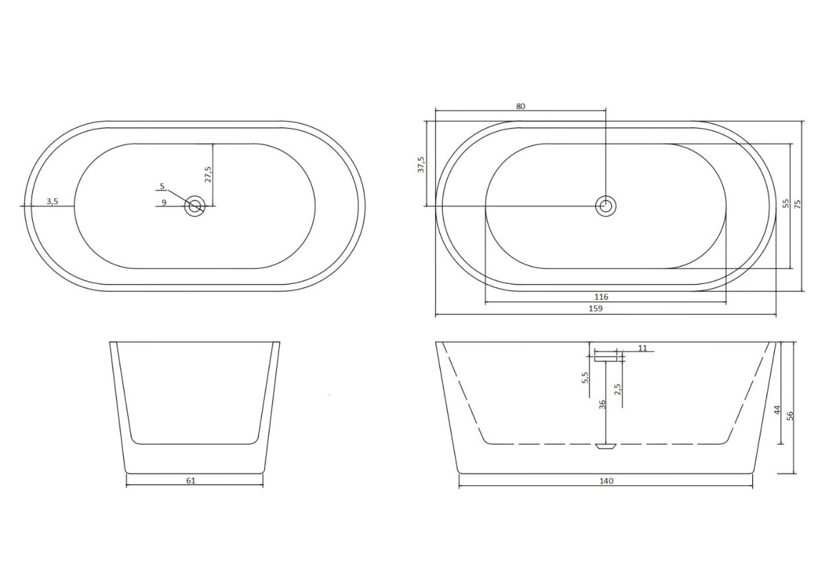 Отдельностоящая акриловая ванна Cerutti SPA Resia 160 без гидромассажа