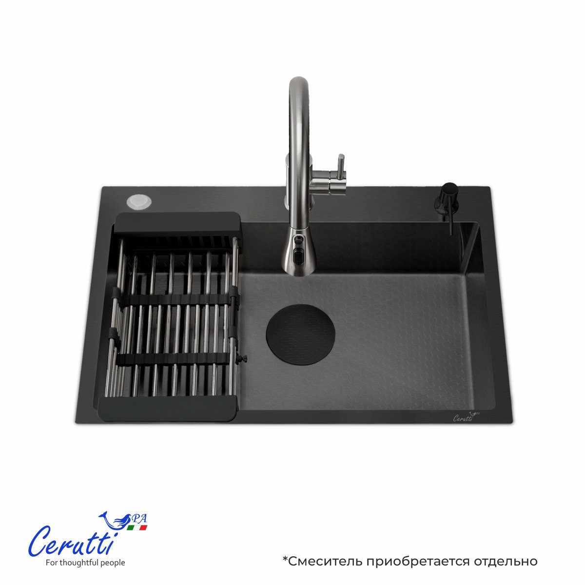 Мойка кухонная Ceruttispa ГЛОРИЯ (GLORIA) 6045B nano black (графит) из нержавеющей стали (600х450х220)