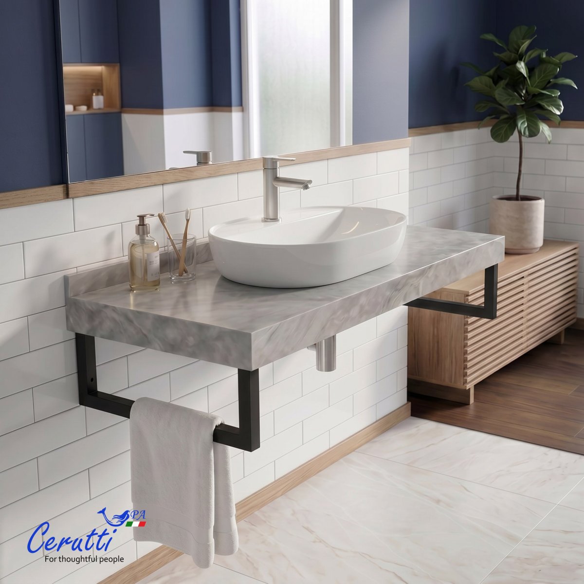 Столешница Ceruttispa МИМИ (MiMi) 80GM цвет серый мрамор с черными полотенцедержателями