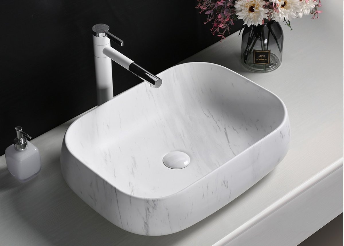 Раковина накладная Ceruttispa CR0086 MMW1 прямоугольная, под белый мрамор, 56,5х40х14,5 см