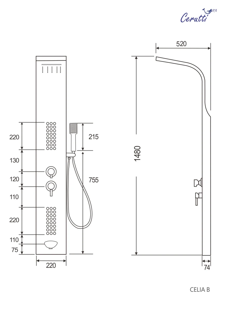 Душевая панель CeruttiSpa CELIA W с гидромассажем, цвет белый, 150х22 см