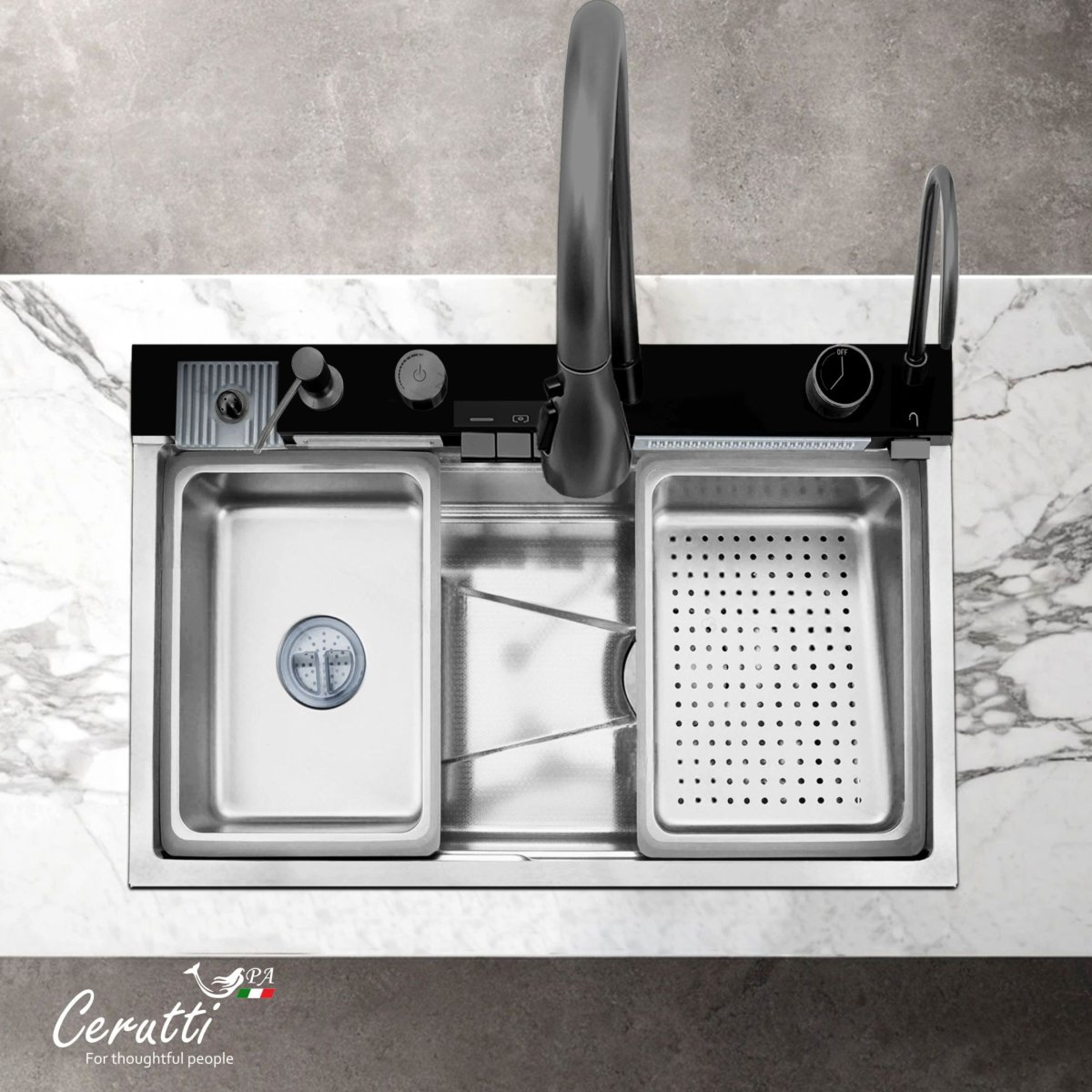 Многофункциональная кухонная мойка Ceruttispa GLORIA Nano Embos (матовый хром) из нержавеющей стали (750х460х230), 11888