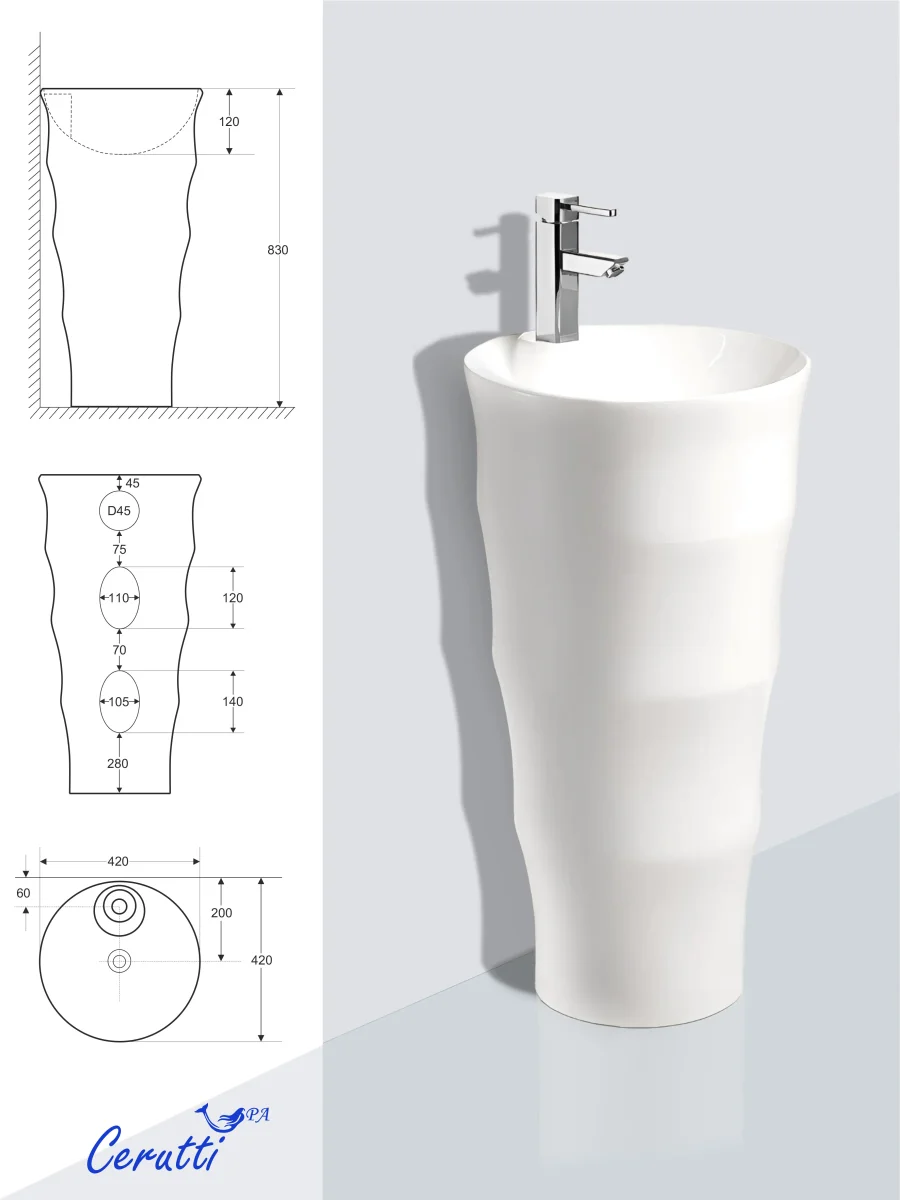 Раковина напольная Ceruttispa MARCO белая, литая с пьедесталом 42х42х83 см