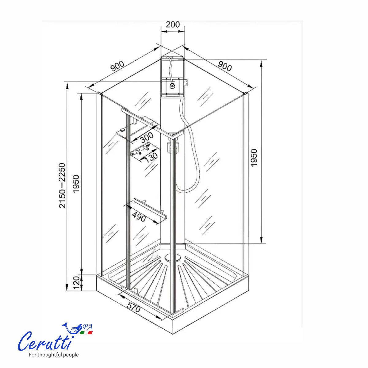 Душевая кабина CeruttiSPA  Mimi 90BF тропический душ, угловая, черный профиль, матовое стекло