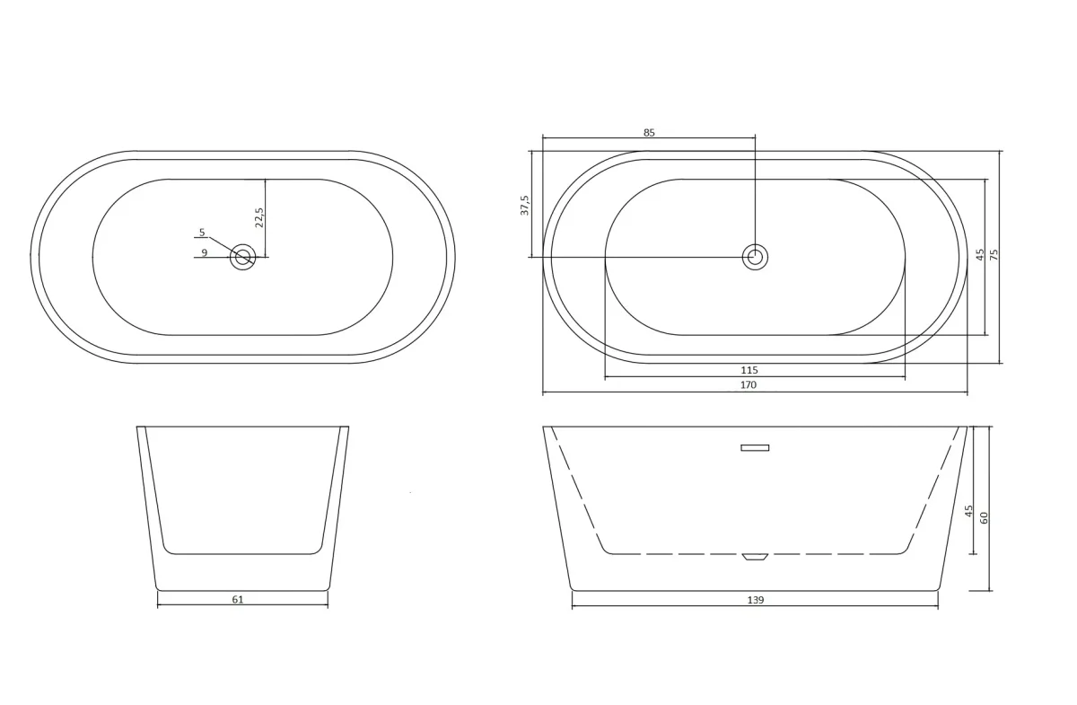 Отдельностоящая акриловая ванна Cerutti SPA Resia 170 II без гидромассажа
