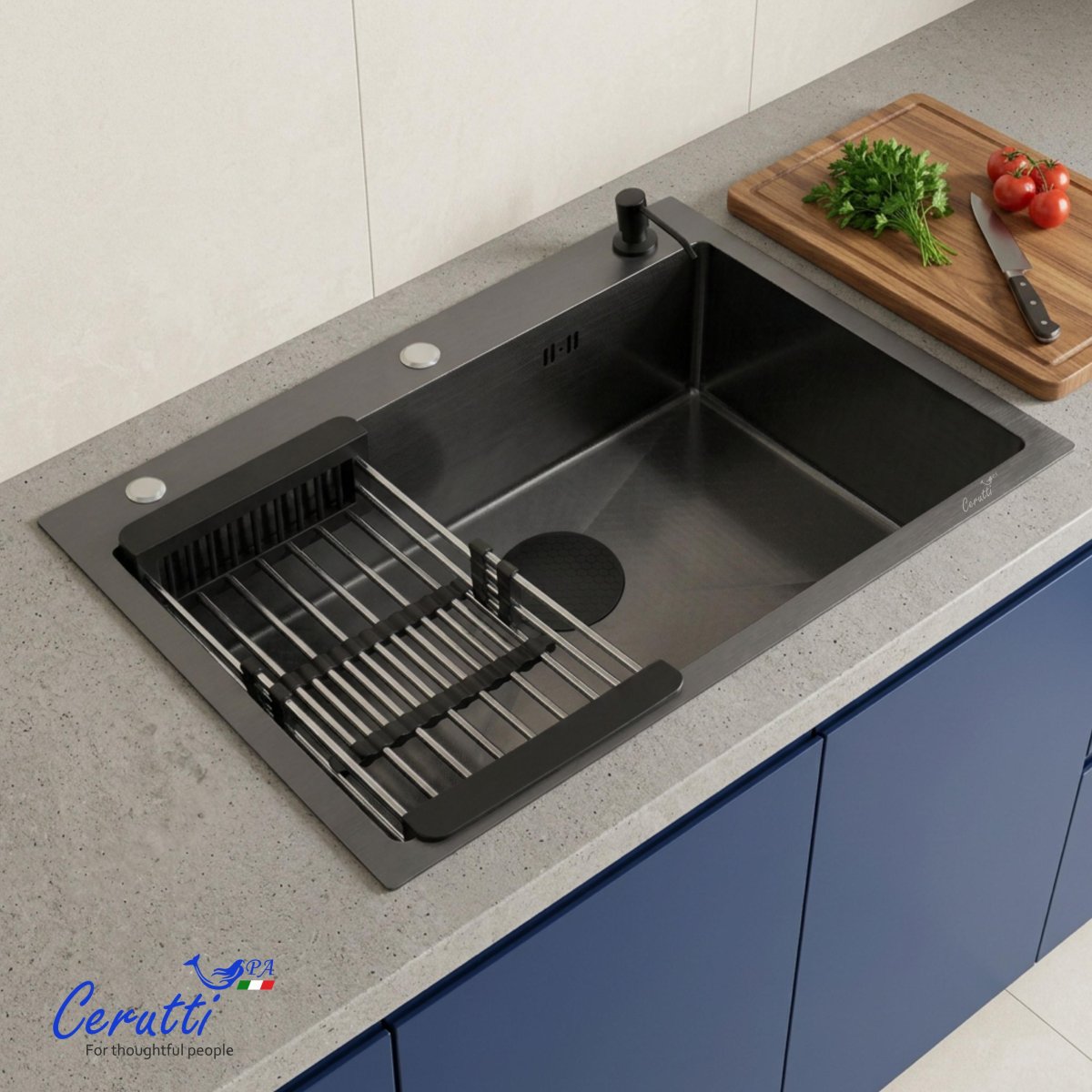 Мойка кухонная Ceruttispa ГЛОРИЯ (GLORIA) 7050B nano black (графит) из нержавеющей стали, 70х50х22 см