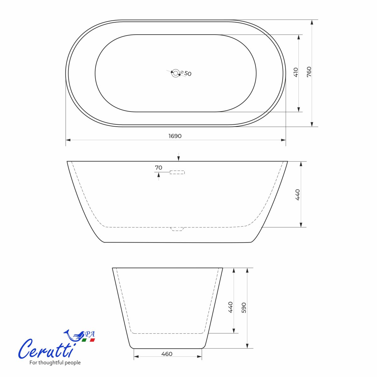 Отдельностоящая акриловая ванна Cerutti SPA СКАЙ 170 (SKYE170) без гидромассажа