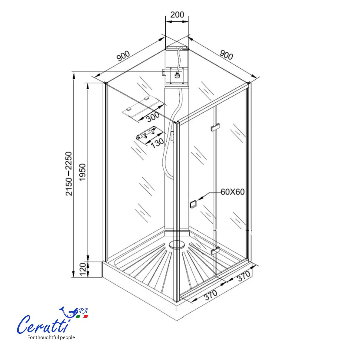 Душевая кабина Ceruttispa BELLA 90F (90x90x215-225) тропический душ, угловая, без крыши
