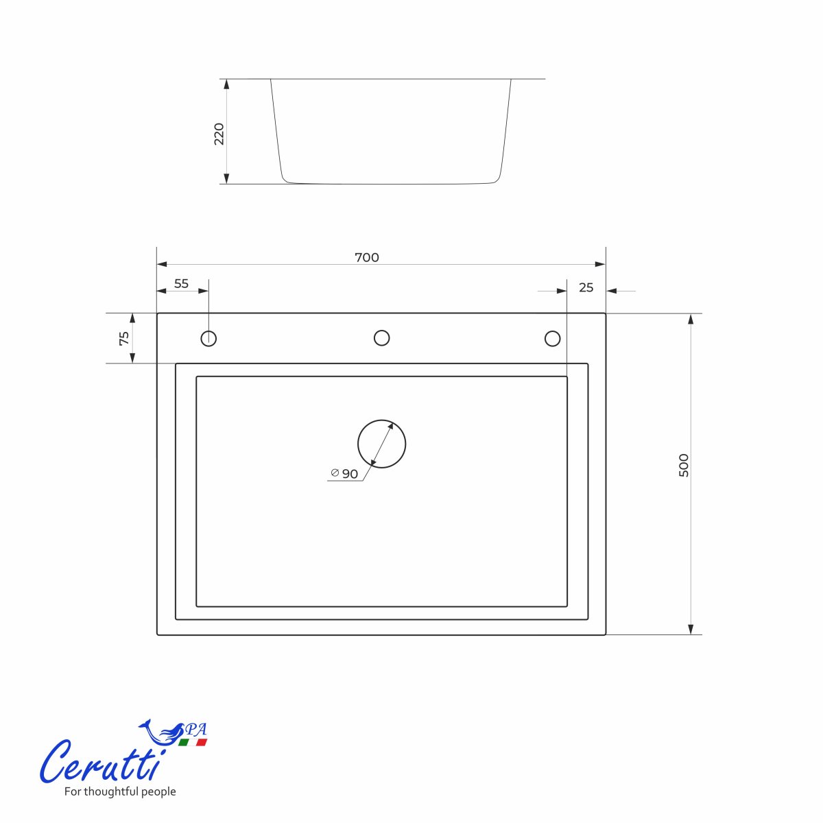 Мойка кухонная Ceruttispa ГЛОРИЯ (GLORIA) 7050 nano embos (матовый хром) из нержавеющей стали (700х500х220)