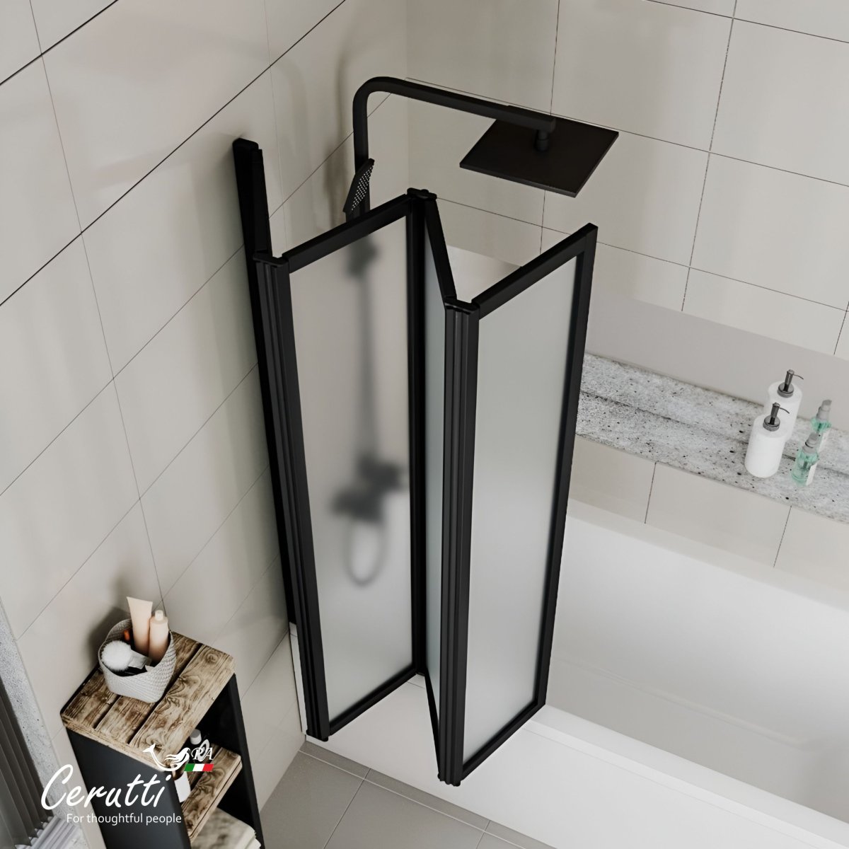 Шторка для ванны CeruttiSPA БУНА (Bouna) BF, четырехсекционная, матовое стекло, черный профиль, 130х140 см