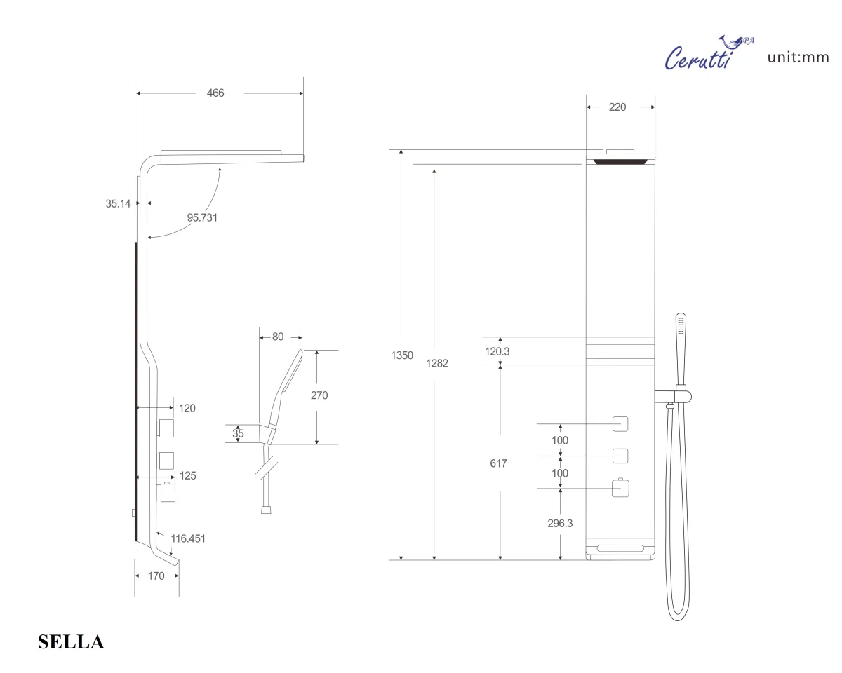 Душевая панель Cerutti SPA SELLA W CT8988, без гидромассажа, цвет белый, 135х35 см