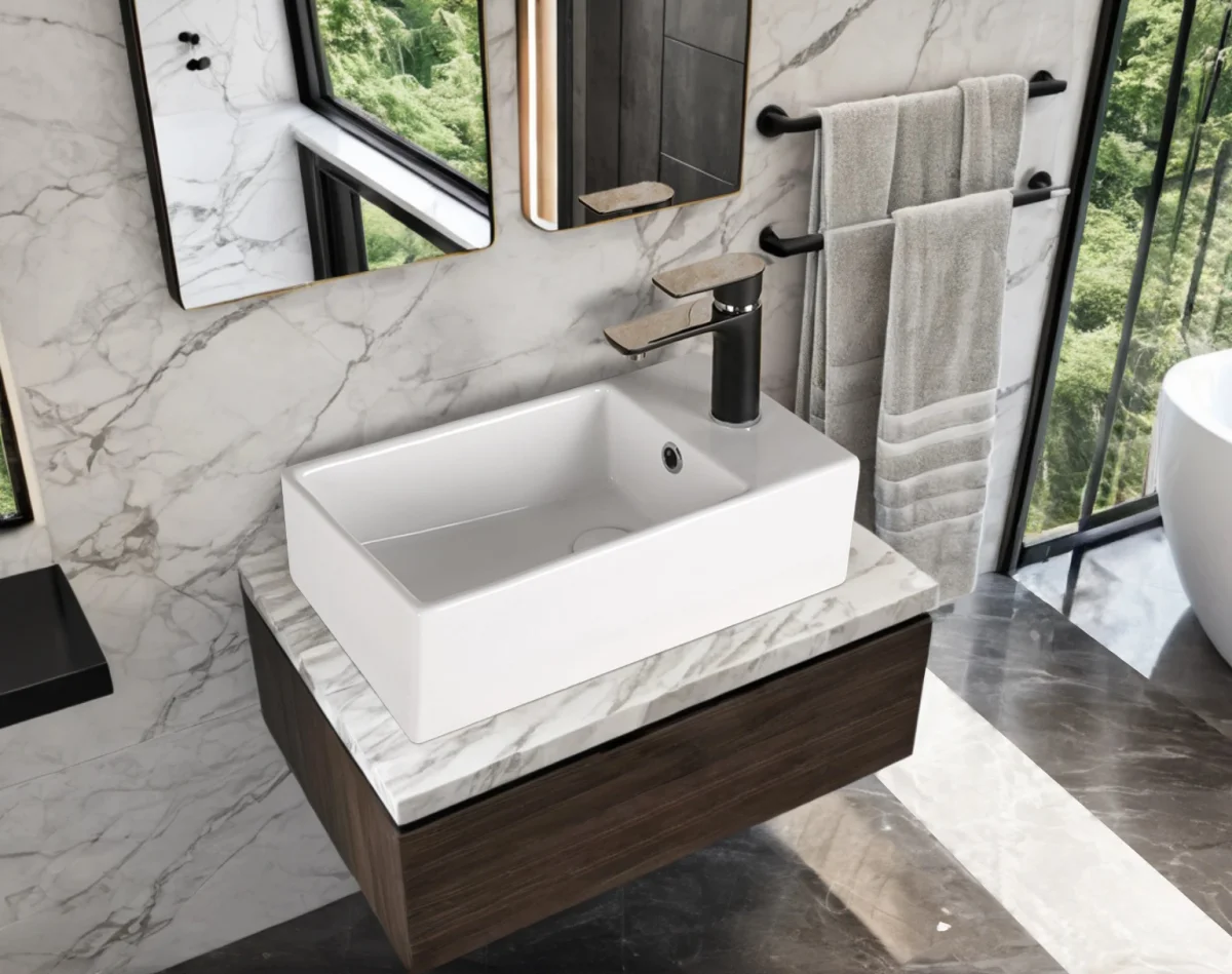 Раковина накладная Ceruttispa CR7098D прямоугольная, белая, с отверстием под смеситель, 48х24х14 см