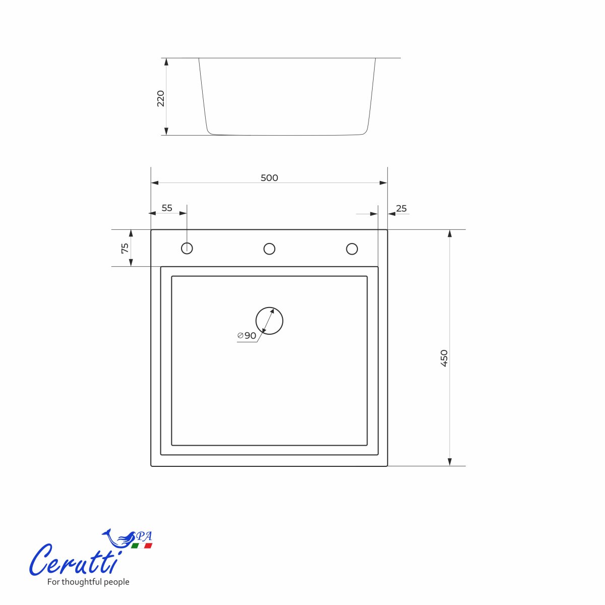 Мойка кухонная Ceruttispa ГЛОРИЯ (GLORIA) 5045 nano embos (матовый хром) из нержавеющей стали (500х450х220)